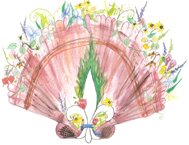 Coddiwompling Quarterly emblem, a hand-painted floral fan illustration